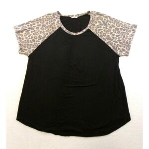 Jodifi Raglan Top Womens 1X Black Leopard Print Short Sleeve Crew Neck‎ Good